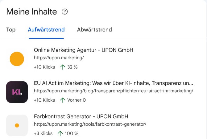 Search Console: Meine Inhalte mit Aufwärtstrend je Seite
